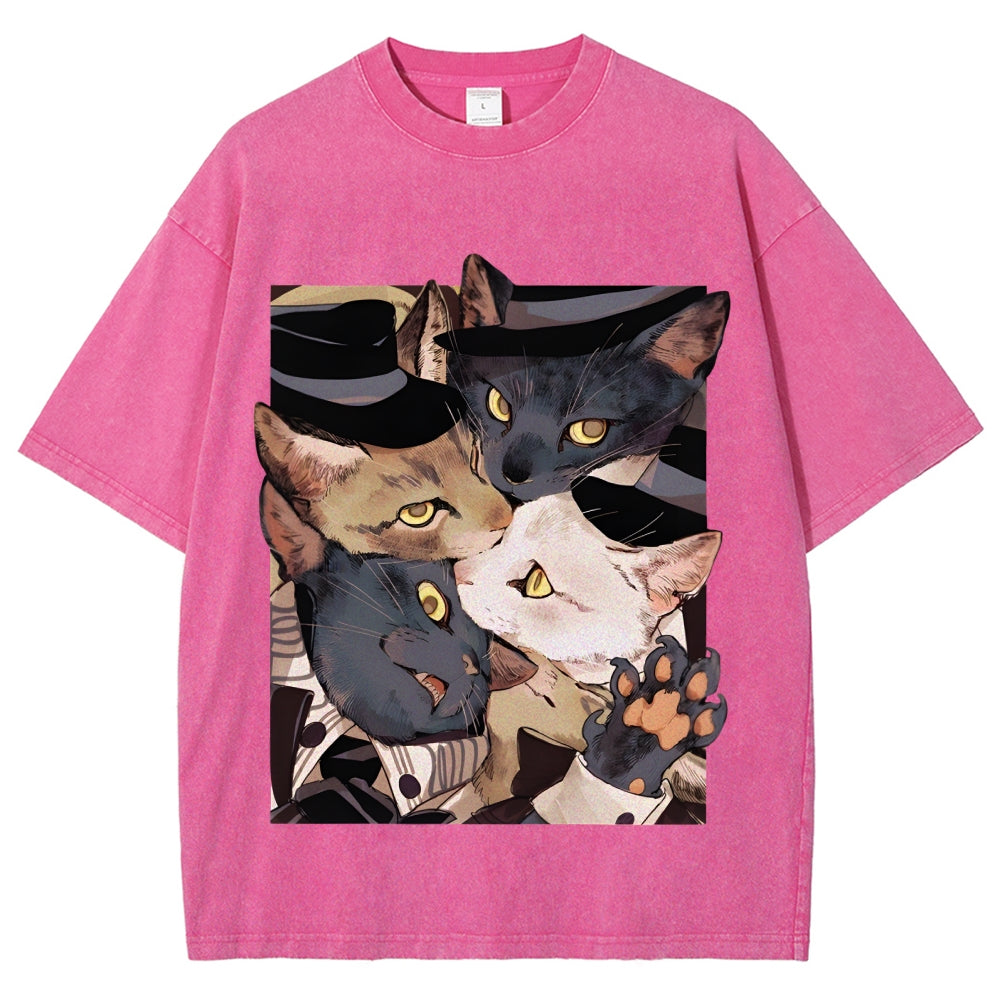 Japanese Style Anime Cats Vintage Washed T-shirt