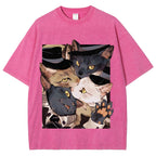 Japanese Style Anime Cats Vintage Washed T-shirt