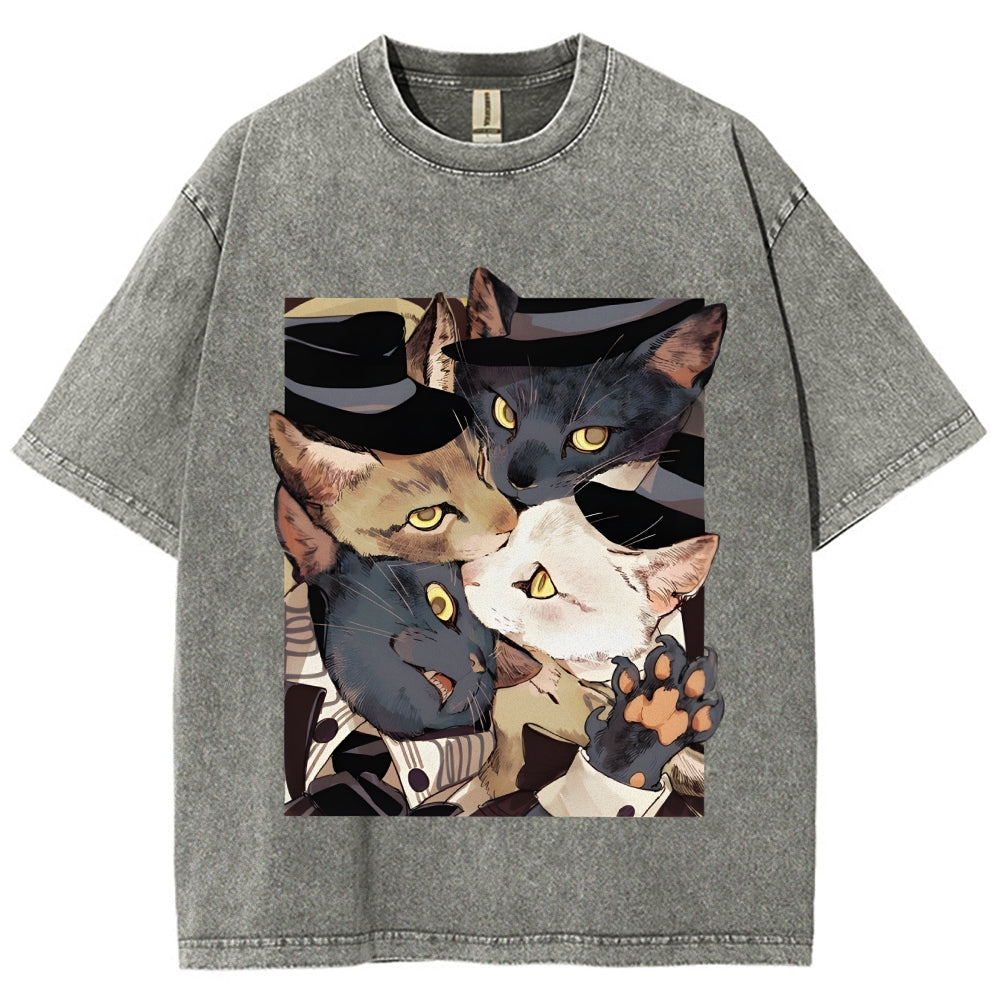 Japanese Style Anime Cats Vintage Washed T-shirt