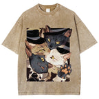 Japanese Style Anime Cats Vintage Washed T-shirt
