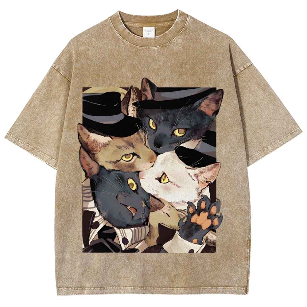 Japanese Style Anime Cats Vintage Washed T-shirt