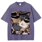 Japanese Style Anime Cats Vintage Washed T-shirt