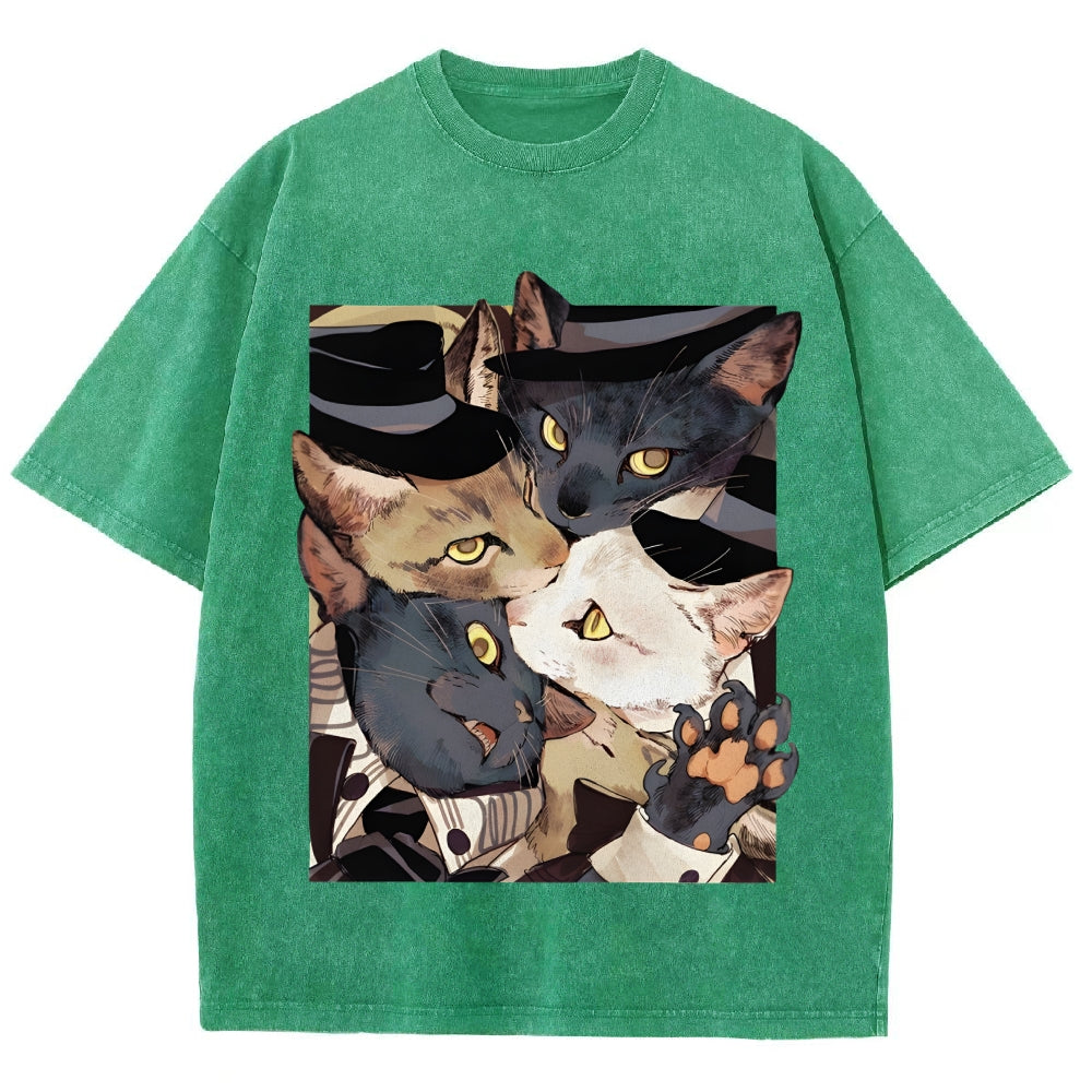 Japanese Style Anime Cats Vintage Washed T-shirt