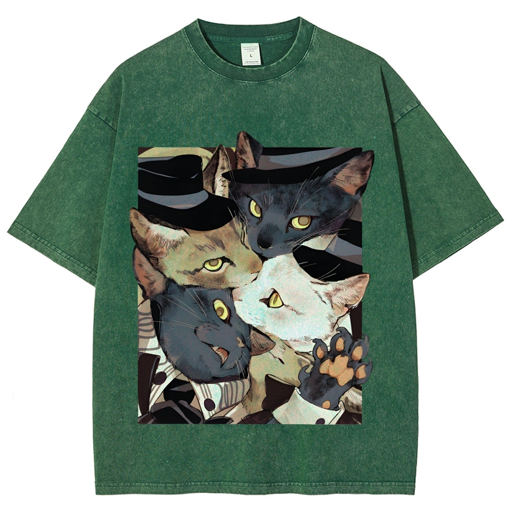 Japanese Style Anime Cats Vintage Washed T-shirt