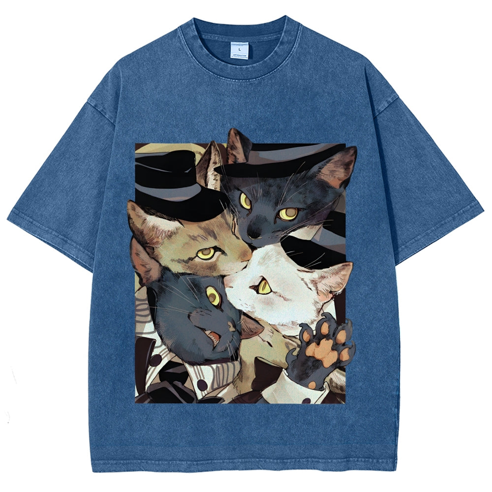 Japanese Style Anime Cats Vintage Washed T-shirt