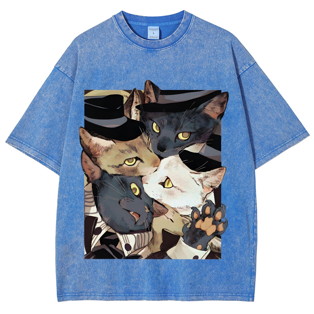 Japanese Style Anime Cats Vintage Washed T-shirt