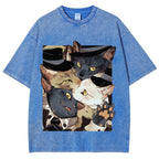 Japanese Style Anime Cats Vintage Washed T-shirt