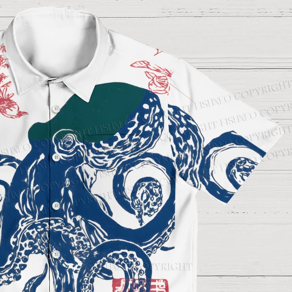 Blue Octopus Linocut Hawaiian Shirt