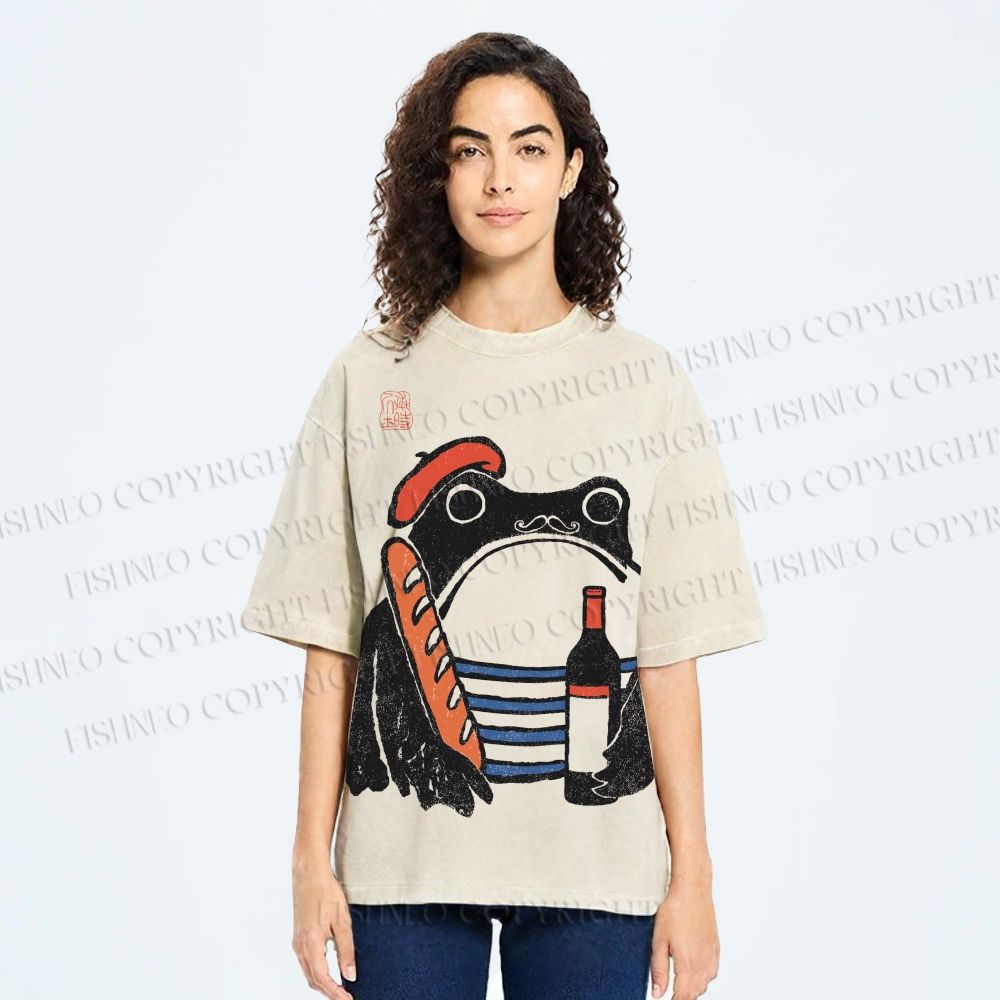 Unisex French Ezen Frog Printed Washed Tee
