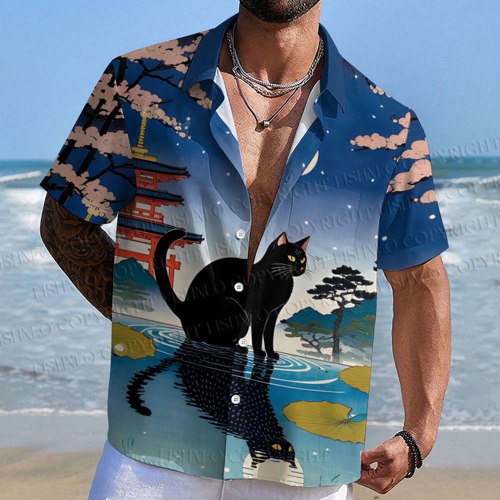 Japanese Vintage Black Cat on the Water Hawaiian Shirt
