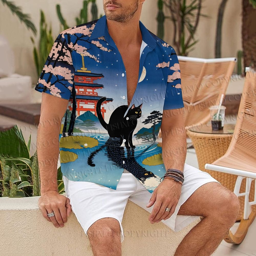 Japanese Vintage Black Cat on the Water Hawaiian Shirt