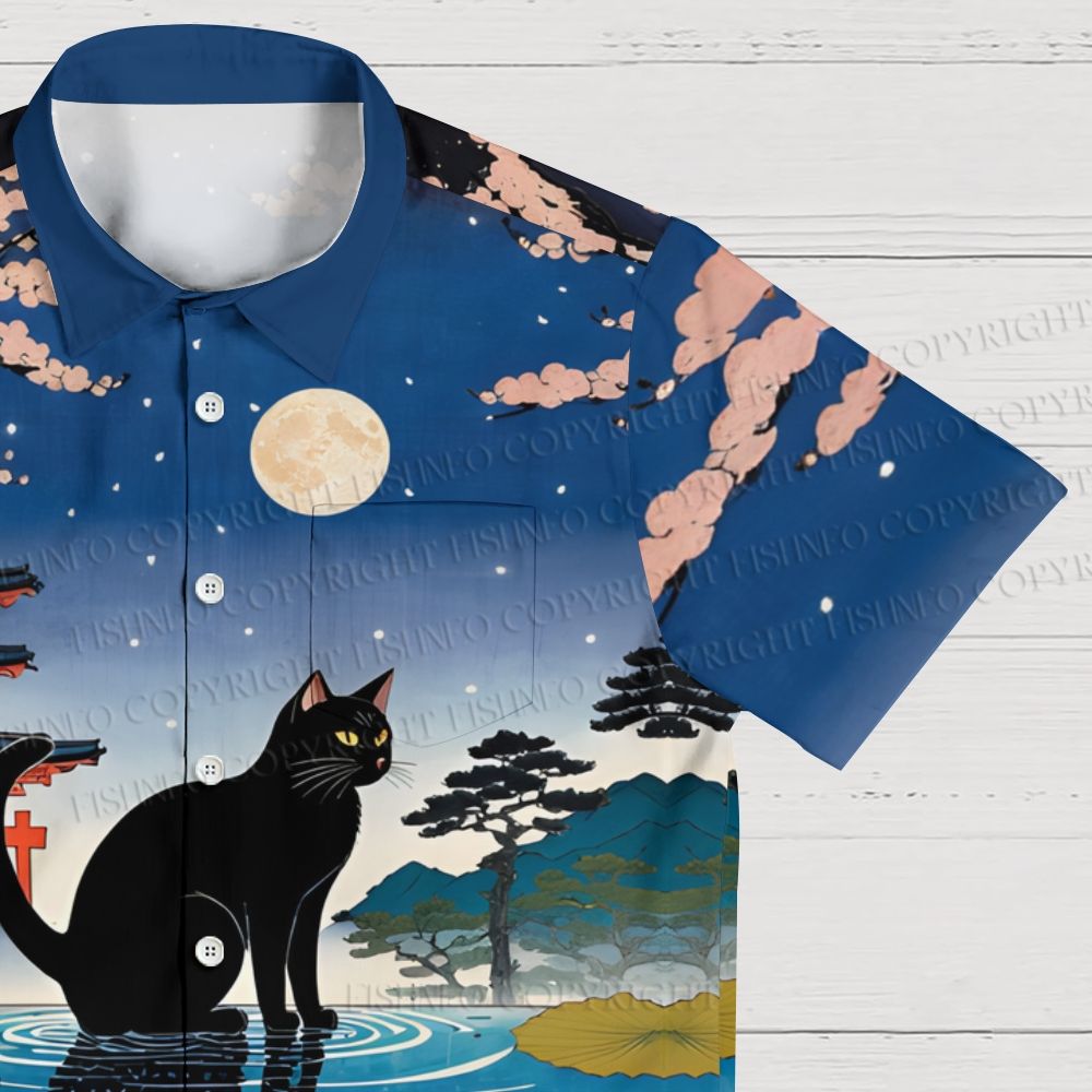 Japanese Vintage Black Cat on the Water Hawaiian Shirt