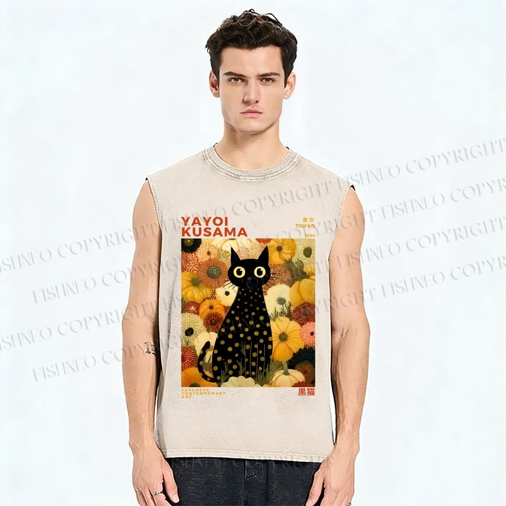 Unisex Yayoi Kusama Black Cat in Yellow Flowers Printed Washed Tank Top