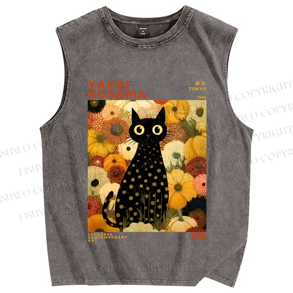 Unisex Yayoi Kusama Black Cat in Yellow Flowers Printed Washed Tank Top