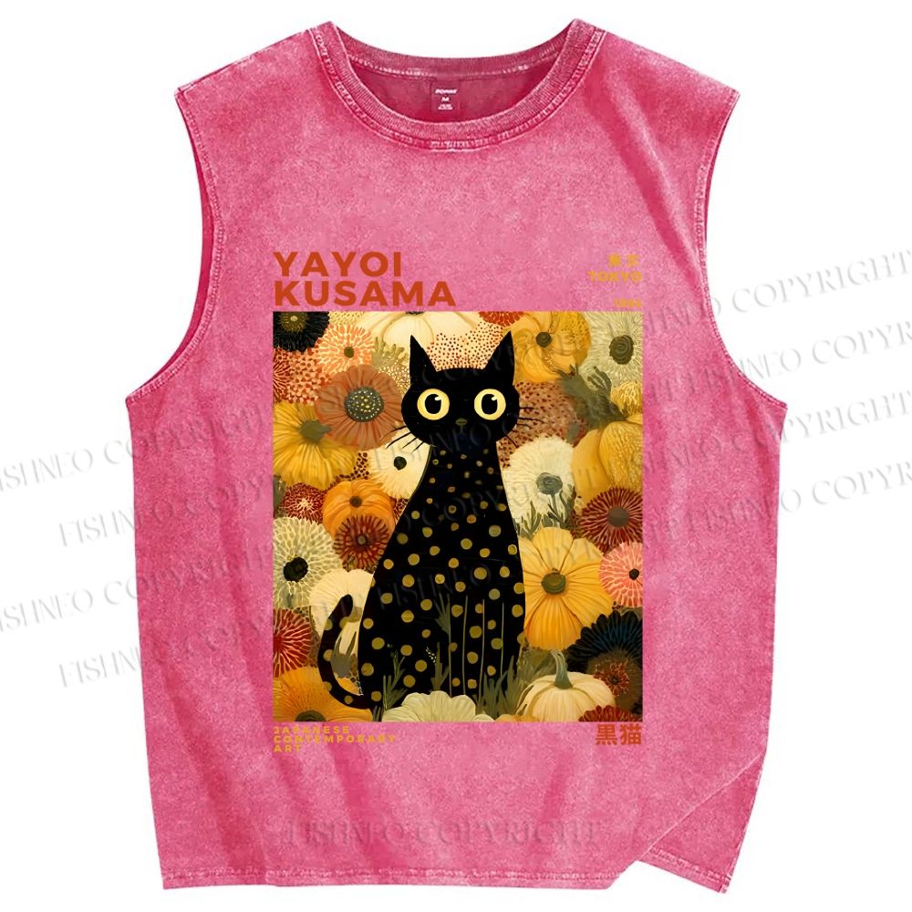 Unisex Yayoi Kusama Black Cat in Yellow Flowers Printed Washed Tank Top