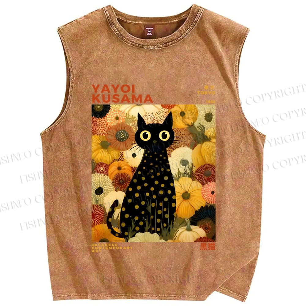Unisex Yayoi Kusama Black Cat in Yellow Flowers Printed Washed Tank Top