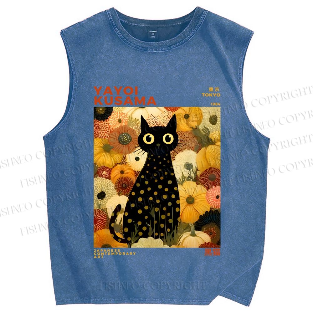 Unisex Yayoi Kusama Black Cat in Yellow Flowers Printed Washed Tank Top