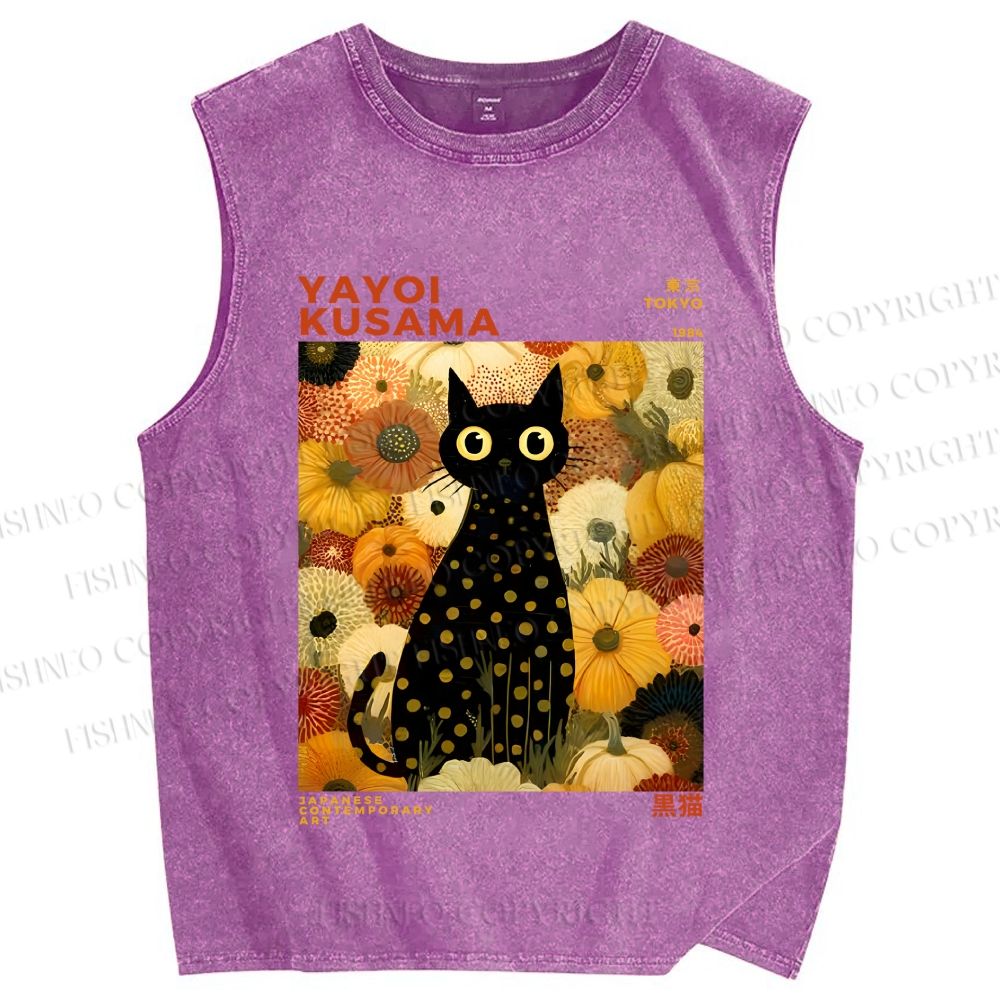 Unisex Yayoi Kusama Black Cat in Yellow Flowers Printed Washed Tank Top