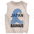 Unisex Japanese Bauhaus Wave Printed Washed Tank Top