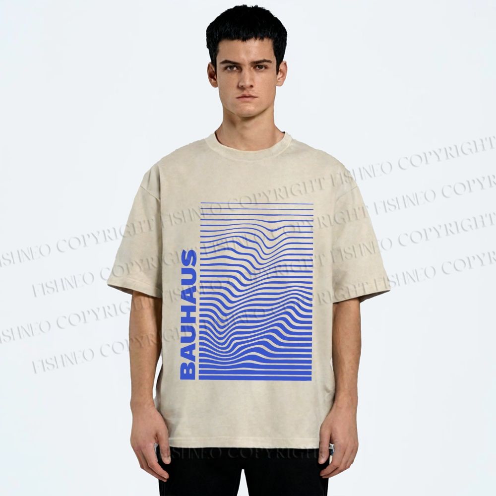 Unisex Bauhaus Line Wave Printed Washed Tee
