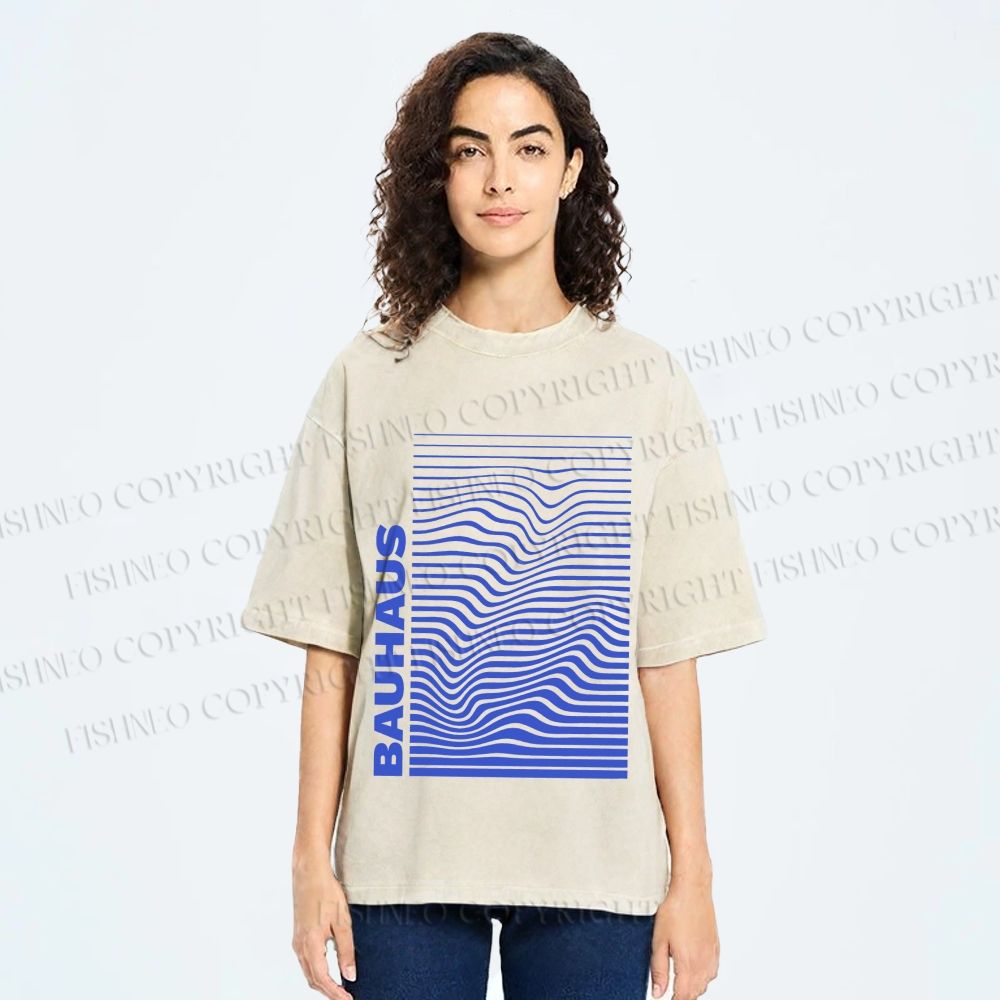 Unisex Bauhaus Line Wave Printed Washed Tee
