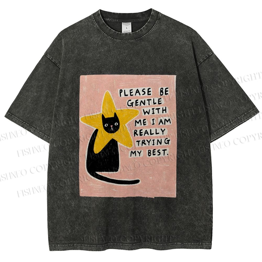 Unisex Funny Black Cat in Star Trying Best Printed Washed Tee