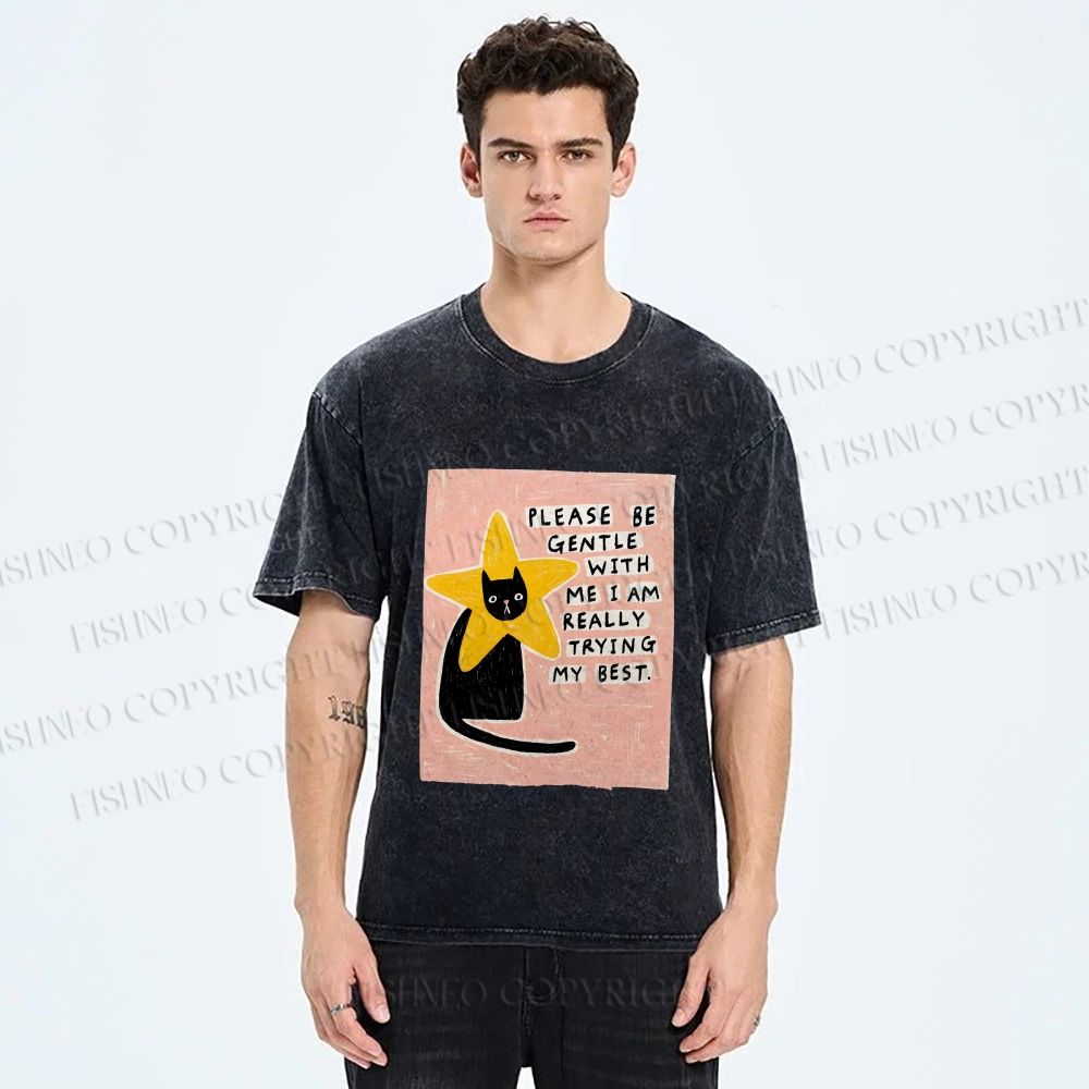 Unisex Funny Black Cat in Star Trying Best Printed Washed Tee