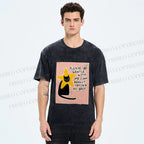 Unisex Funny Black Cat in Star Trying Best Printed Washed Tee