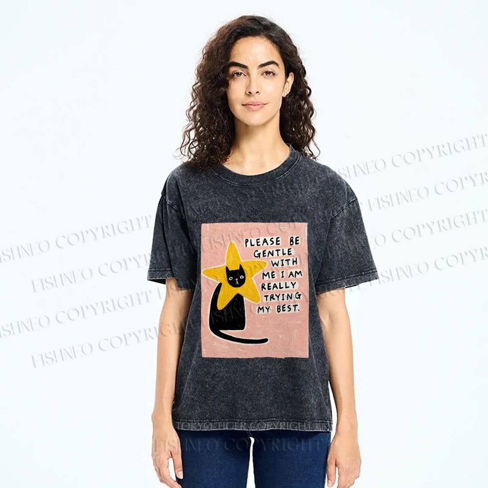 Unisex Funny Black Cat in Star Trying Best Printed Washed Tee