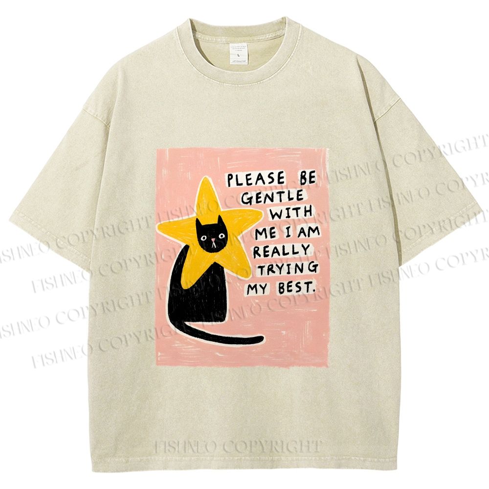 Unisex Funny Black Cat in Star Trying Best Printed Washed Tee