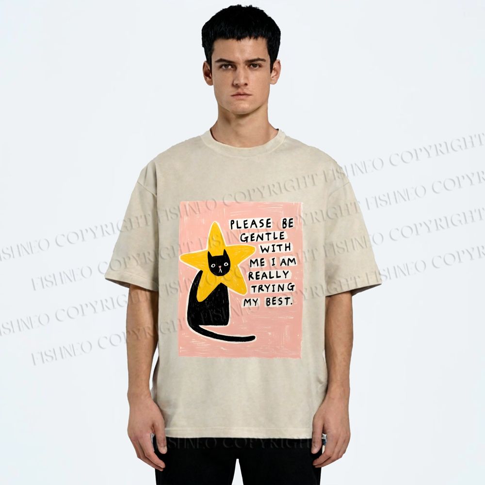 Unisex Funny Black Cat in Star Trying Best Printed Washed Tee