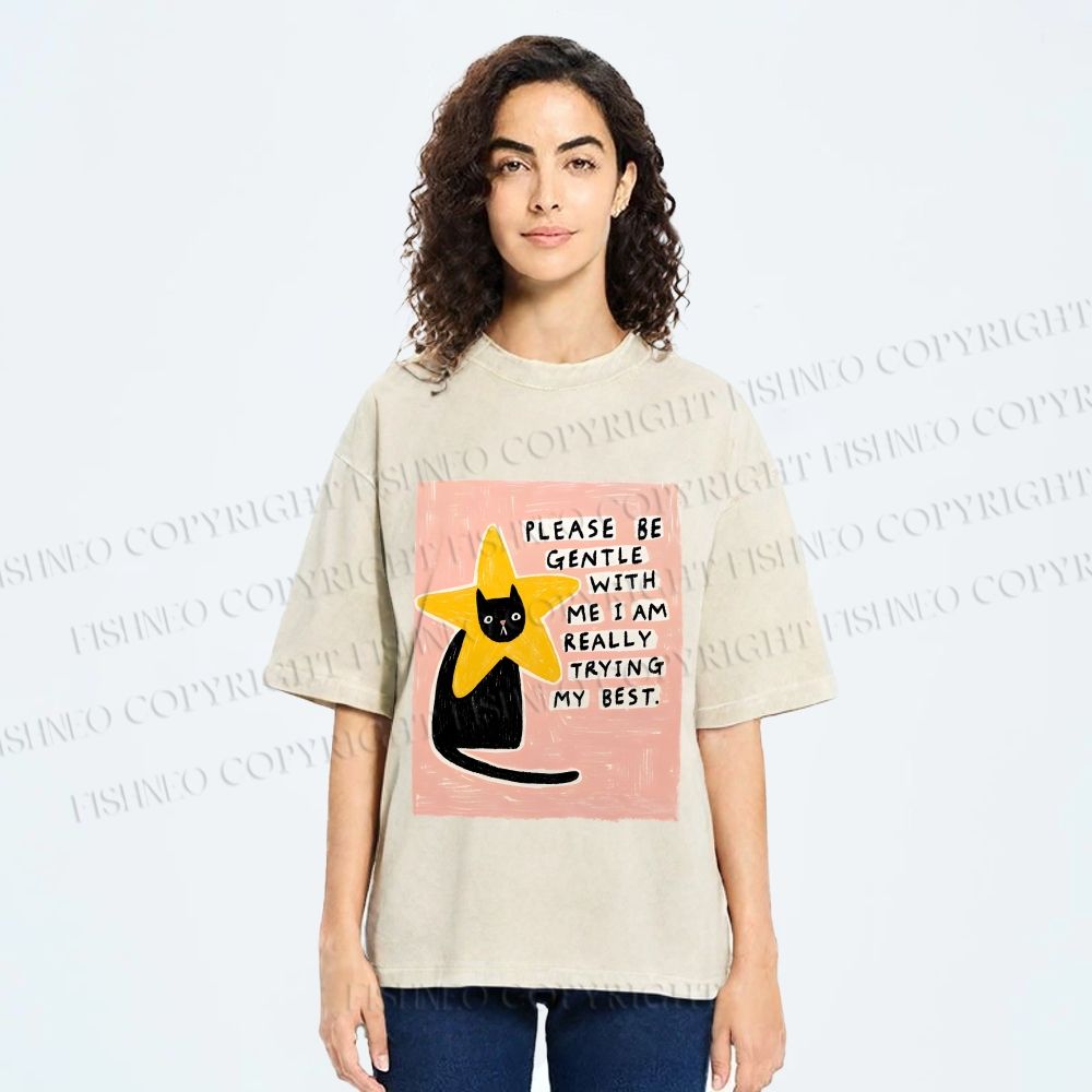 Unisex Funny Black Cat in Star Trying Best Printed Washed Tee