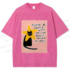 Unisex Funny Black Cat in Star Trying Best Printed Washed Tee