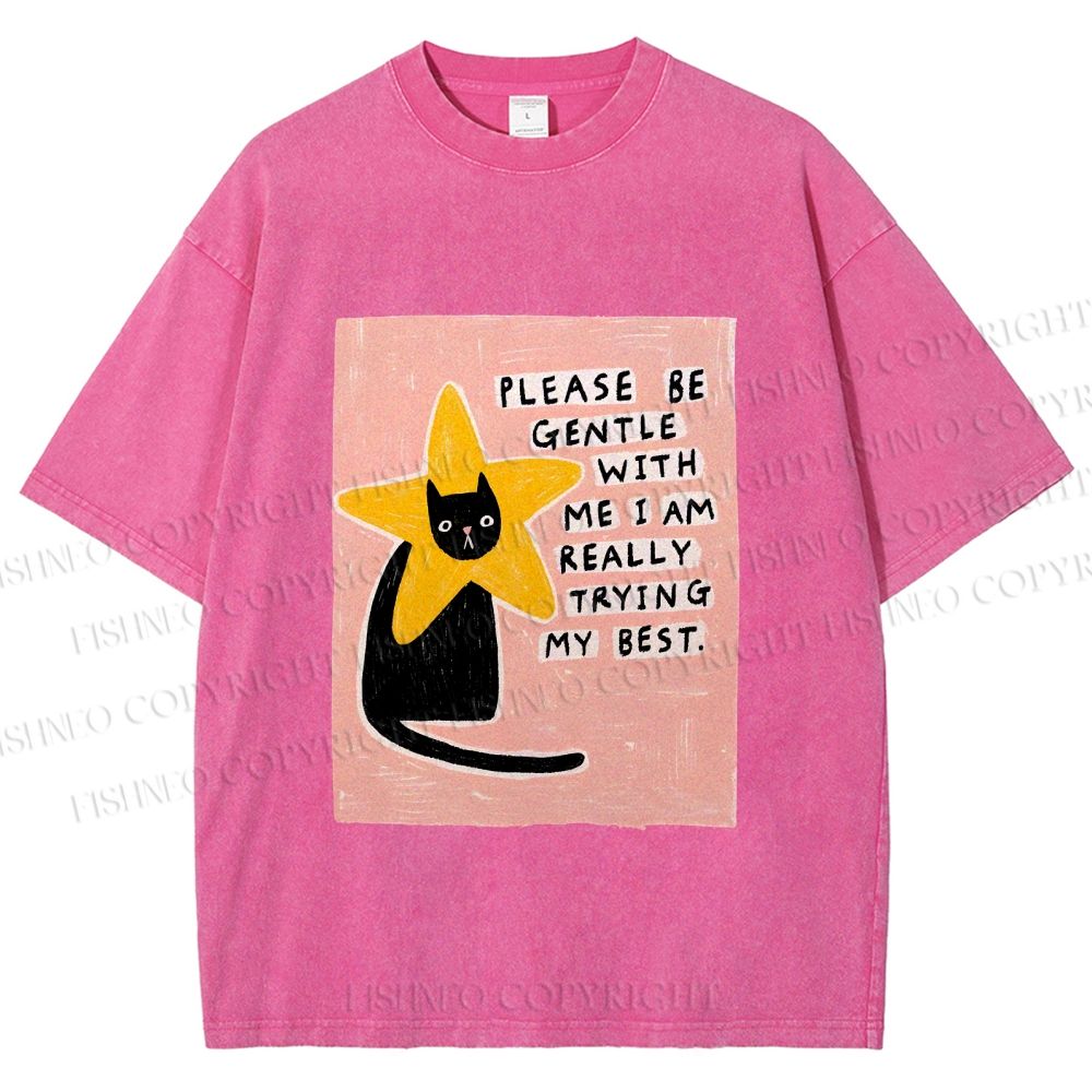 Unisex Funny Black Cat in Star Trying Best Printed Washed Tee