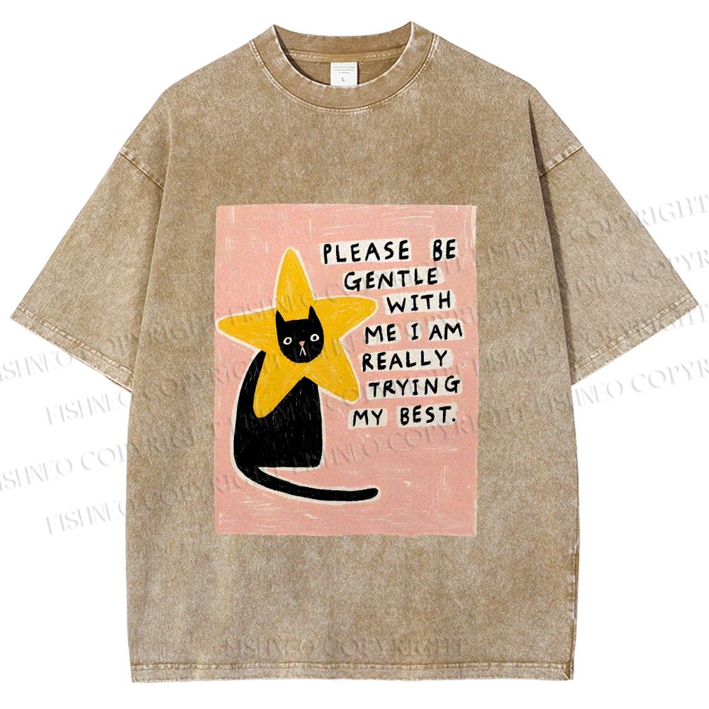 Unisex Funny Black Cat in Star Trying Best Printed Washed Tee