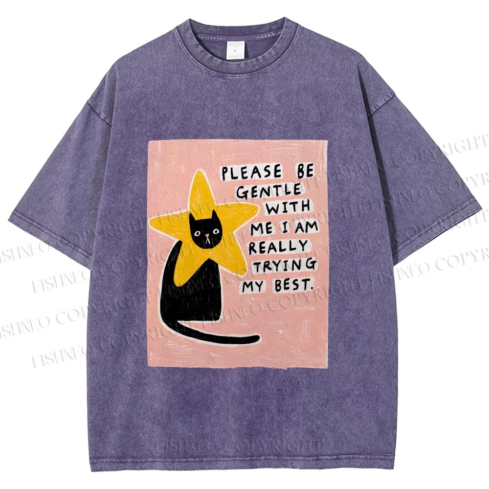 Unisex Funny Black Cat in Star Trying Best Printed Washed Tee