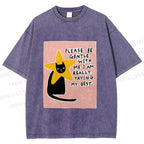 Unisex Funny Black Cat in Star Trying Best Printed Washed Tee