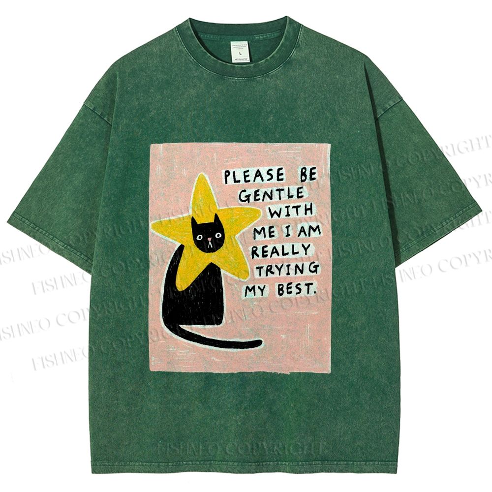 Unisex Funny Black Cat in Star Trying Best Printed Washed Tee