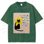 Unisex Funny Black Cat in Star Trying Best Printed Washed Tee