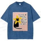 Unisex Funny Black Cat in Star Trying Best Printed Washed Tee