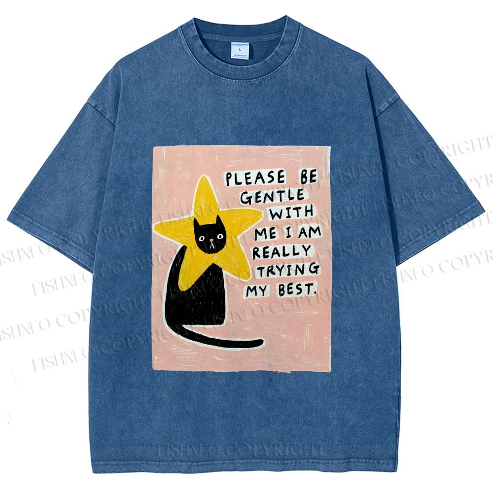 Unisex Funny Black Cat in Star Trying Best Printed Washed Tee