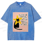 Unisex Funny Black Cat in Star Trying Best Printed Washed Tee