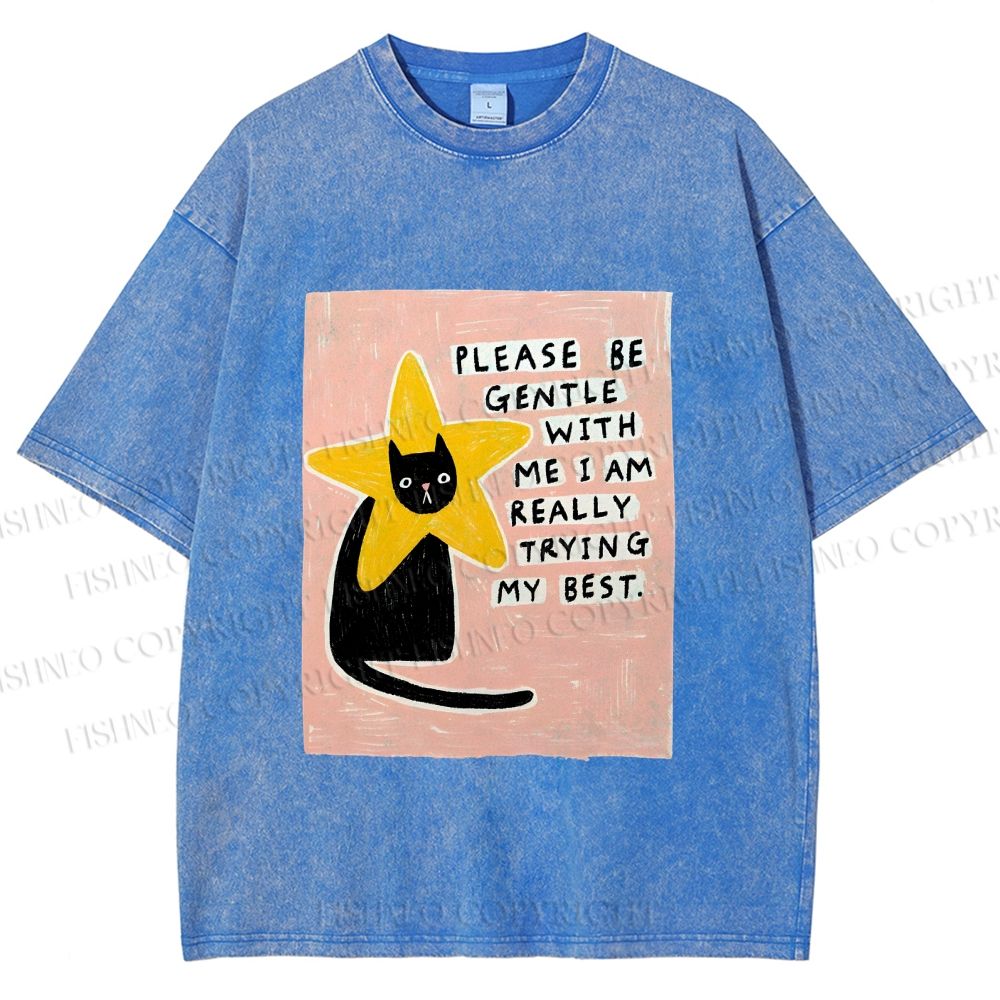 Unisex Funny Black Cat in Star Trying Best Printed Washed Tee