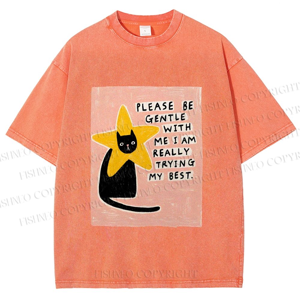 Unisex Funny Black Cat in Star Trying Best Printed Washed Tee