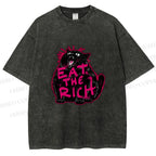 Unisex Screaming Black Cat Eat the Rich Printed Washed Tee
