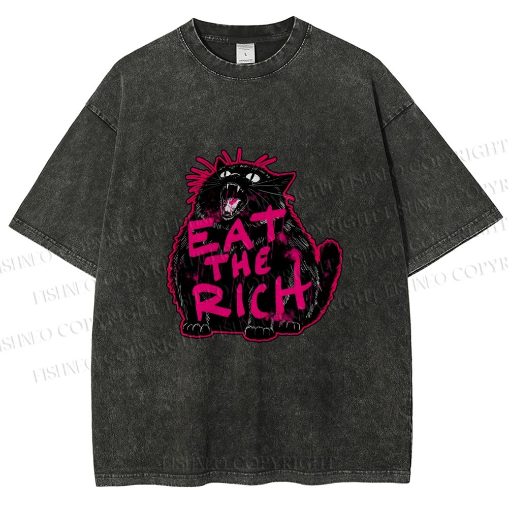 Unisex Screaming Black Cat Eat the Rich Printed Washed Tee