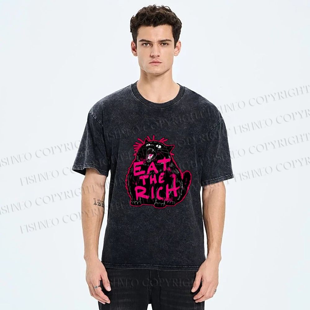 Unisex Screaming Black Cat Eat the Rich Printed Washed Tee