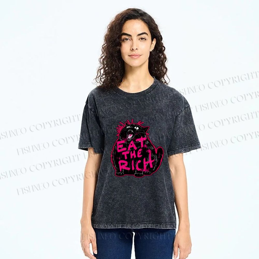 Unisex Screaming Black Cat Eat the Rich Printed Washed Tee