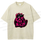 Unisex Screaming Black Cat Eat the Rich Printed Washed Tee