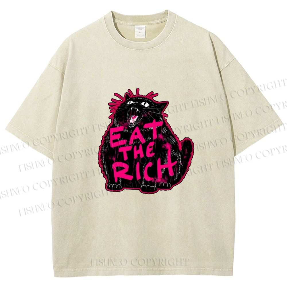 Unisex Screaming Black Cat Eat the Rich Printed Washed Tee